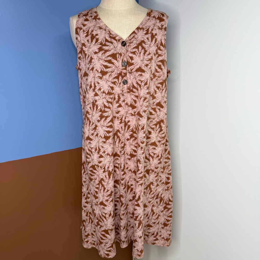 J Jill Seamed V Neck Henley Sleeveless Dress Seamed Pockets‎ Sketched Leaves XL